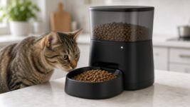 Tabby-Katze frisst an einem schwarzen Smart-Futterautomaten