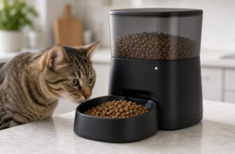 Tabby-Katze frisst an einem schwarzen Smart-Futterautomaten